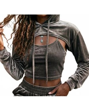 SurelyMine Malibu Vintage Relaxed Velvet Cropped Hoodie Set - Black