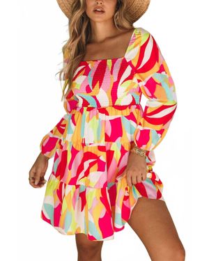 Pretty Bash Abstract Smocked Square Neck Dress - Red