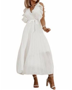 Ninexis Ruffle Sleeve Pleated Dress - White