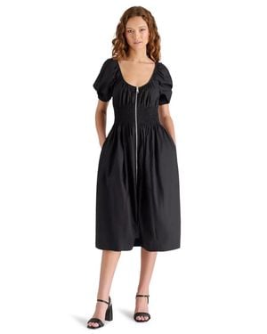 Steve Madden Liora Midi Dress Cotton Smocked Puff Sleeve Pall38 - Black