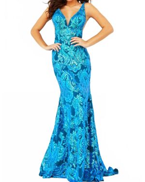 Jovani Sequin Motif V-Neck Prom Dress - Blue