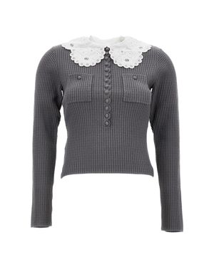 Self-Portrait Ribbed Knit Top With Scalloped Lace Collar And Button Detail - Gray