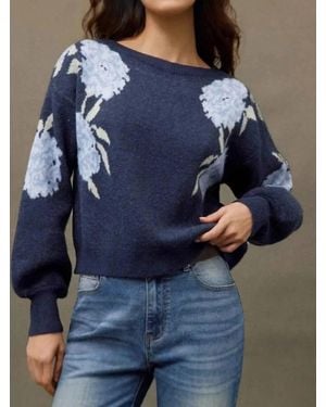 Rosa Clothing Casual Vintage Floral Pattern Pullover Sweater - Blue