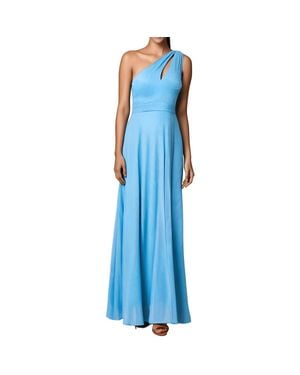 Aqua Metallic Slit Evening Dress - Blue
