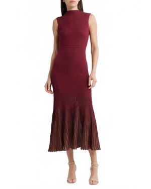 Moon River Mock Neck Pleated Midi Dress - Red