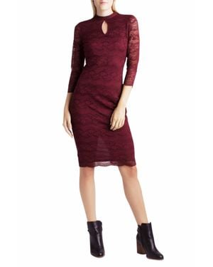 Kensie High Neck Key Hole Bodycon Floral Lace Dress - Red