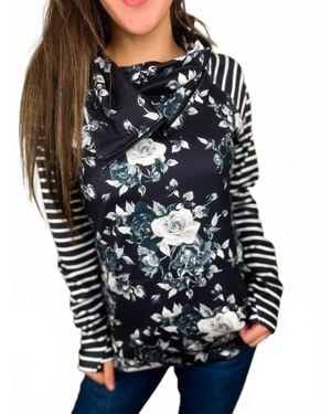 Michelle Mae Floral Long Sleeve Cowl Neck Sweatshirt - Blue