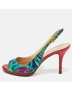 Loriblu Patent Leather Printed Flower Peep Toe Slingback Pumps - Blue