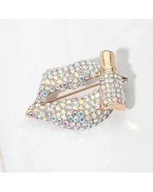 Fashnzfab Bling Studded Lip And Lipstick Pin Brooch - White