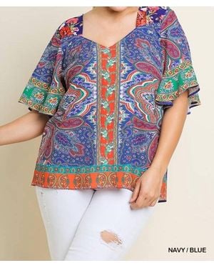 Umgee Paisley Scarf Print Bell Sleeve Plus Blouse - Blue
