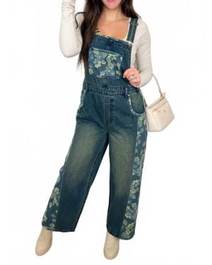 Easel Floral Print Patchwork Overalls - Blue