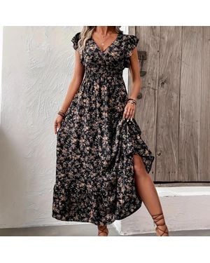 TRUEDAMES Printed French Dress Floral Dress - Black