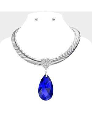 Fashnzfab Rhinestone Pave Heart Teardrop Stone Link Necklace - Blue