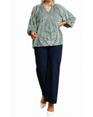 Umgee Velvet Burnout Long Sleeve Shirt - Blue