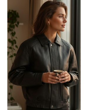 Infinity Leather Leather Biker Blouson Bomber Oversized Jacket - Black