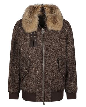 ERMANNO FIRENZE Textured Jacket With Plush Fur Collar And Zip Closure - Brown