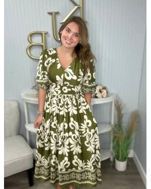 She + Sky 3/4 Sleeve V-Neck Printed Woven Midi Dress With Side Pocket - Gray