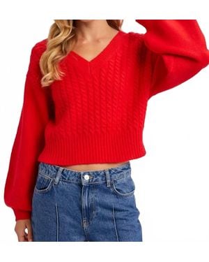 Bluivy Cropped V-Neck Cable Knit Sweater - Red