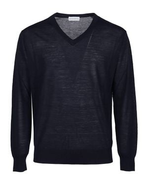 Ballantyne Plain Wool V-Neck Sweater - Blue