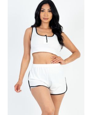 TRUEDAMES Casual French Terry Sleeveless Button Front Contrast Trim Cropped Tank Top And Shorts Set - White