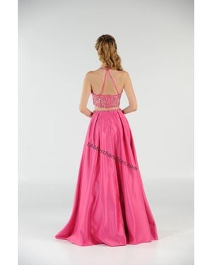 TRUEDAMES Beaded Top With Long Satin Skirt & Side Pockets - Pink