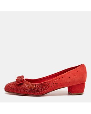 Ferragamo Suede Crystal Embellished Vara Bow Block Heel Pumps - Red