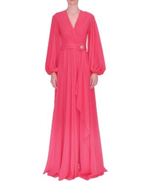 Reem Acra V-Neck Long Sleeve Gown - Pink