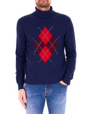 Ballantyne High Neck Argyle Pattern Wool Sweater - Blue