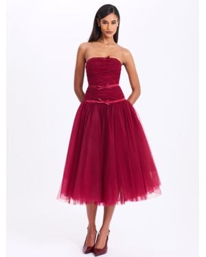 Miss Circle Mabel Burgundy Drop Waist Layered Mesh Midi Puffy Dress With Bow