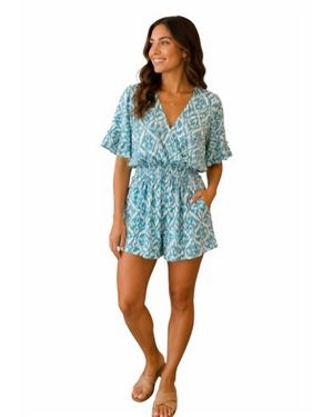She + Sky Kimono Sleeve Waist Smocked Romper - Blue