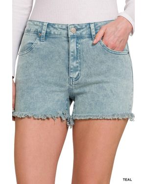 Zenana Acid Washed Frayed Hem Mid Rise Shorts - Blue