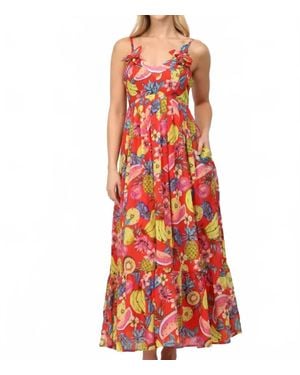 Fate Fruit Motif Print Cotton Voile Floral Trimmed Maxi Dress - Red