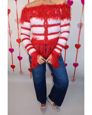 ACT Pretty Off Shoulder Striped Shaggy Fringed Cardigan - Blue