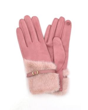 Fashnzfab Faux Fur And Strap Cuff Smart Touch Gloves - Pink