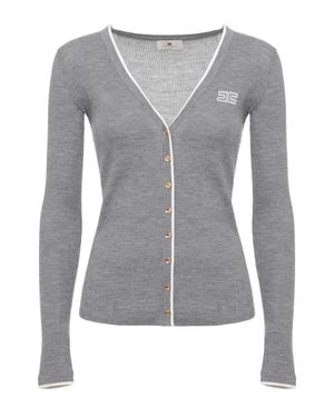 Elisabetta Franchi Ribbed Wool Sweater With Button Accents And Embroidered Logo - Gray