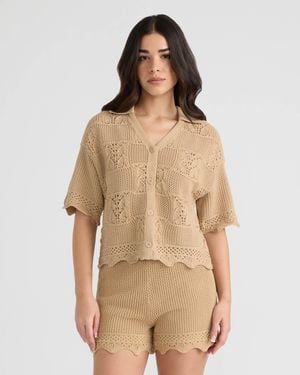 NVLT Short Sleeve Crochet Sweater - Natural