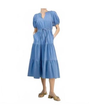 Anne Klein Split-Neck Puff-Sleeve Dress - Blue