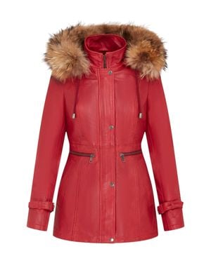 Infinity Leather Warm Leather Hooded Parka Jacket-Northwich - Red