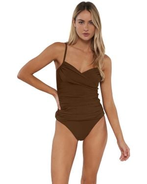 Sunsets Simone Tankini Top Tiki Ruched Crossback Strap Buu269 - Brown