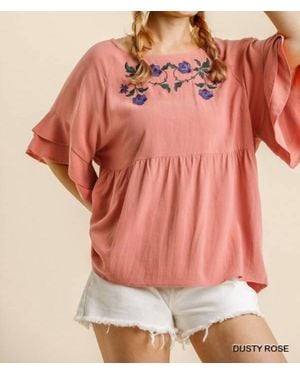 Umgee Floral Embroidered Babydoll Top - Pink