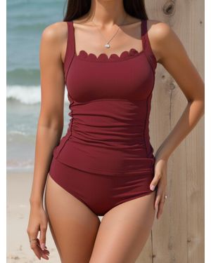 TRUEDAMES Two-Piece Tummy Control Slimming Chest Ruffled Straps Swimsuit Bathing Suit - Red