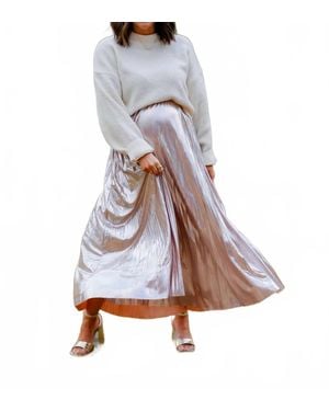 SOFIA The Label Sheen Queen Metallic Pleated Midi Skirt - White
