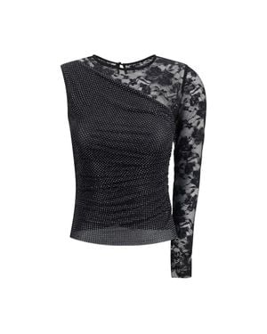 Self-Portrait One-Shoulder Lace And Rhinestone Top - Black