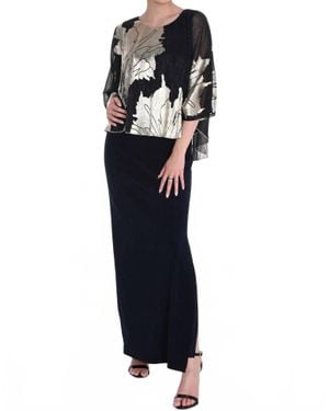 FRANK LYMAN Metallic Floral Chiffon Overlay Evening Dress - Black