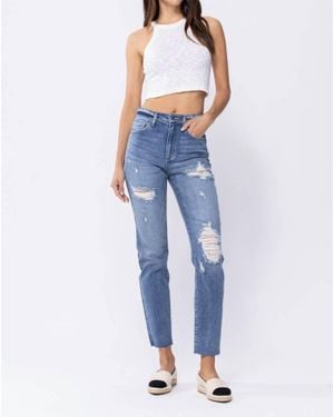 Sneak Peek High-Rise 90's Distressed Skinny Jean With Raw Hem - Blue