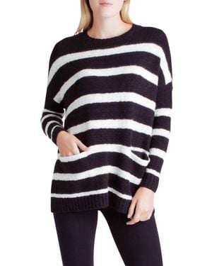 Kensie Striped Variegated Cotton Blend Long Sleeve Sweater With Pockets - Black