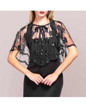 TRUEDAMES Sequin Bow Pointed Leaf Beaded Retro Style Sheer Shawl Cape Poncho - Black