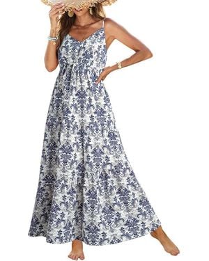 TRUEDAMES Summer Dress Casual Bohemian Sleeveless Print Long Layered Long Dress Beach Dress - Blue