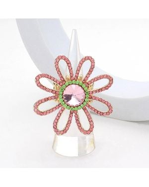 Fashnzfab Round Stone Pointed Rhinestone Paved Flower Stretch Ring - White