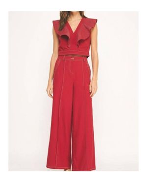 Strut & Bolt Two Piece Flutter Sleeve Top And Wide Leg Trouser Set - Red